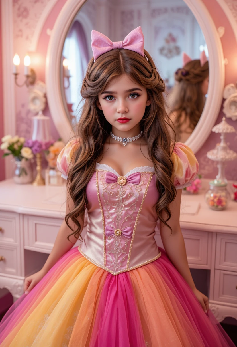 Junger Junge im Prinzessinnenkostüm an einem Disneyland-Schminktisch
