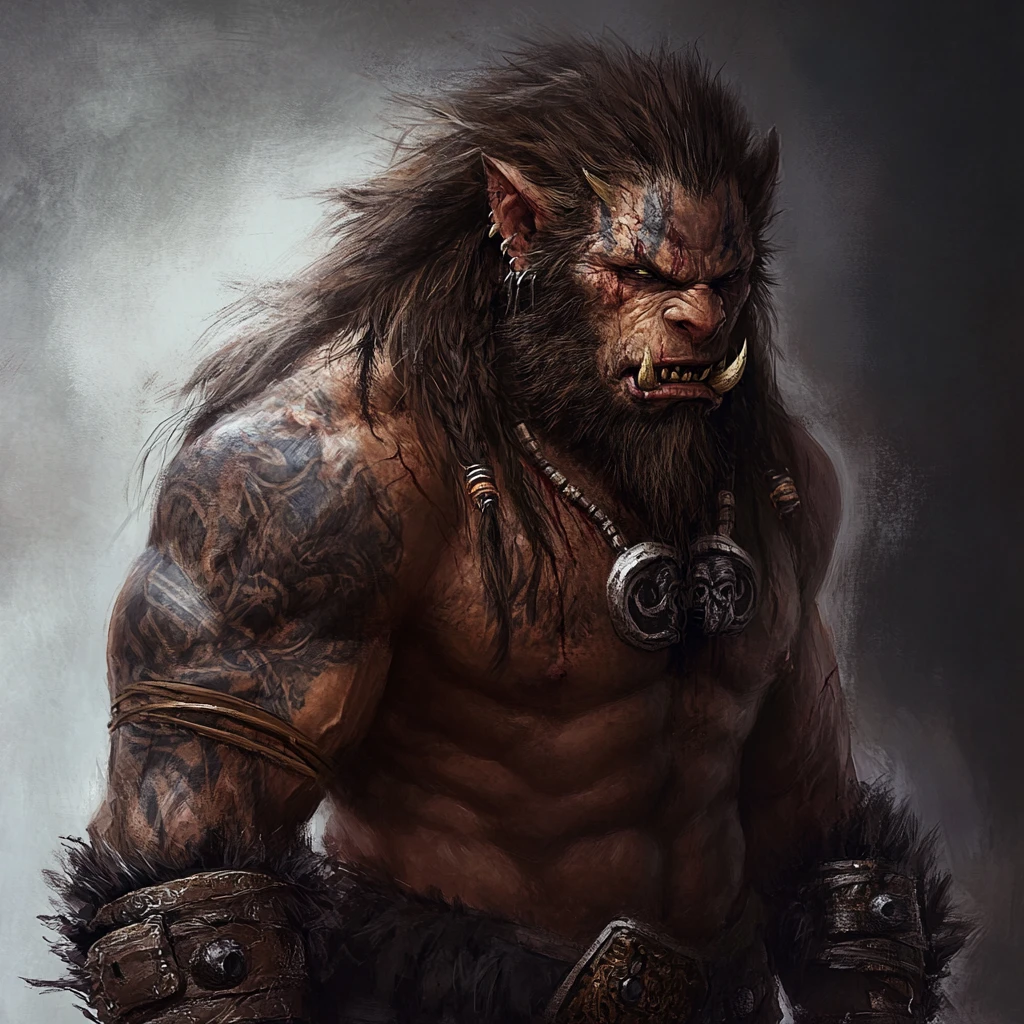 Barbare dark fantasy avec tatouages et traits bestiaux