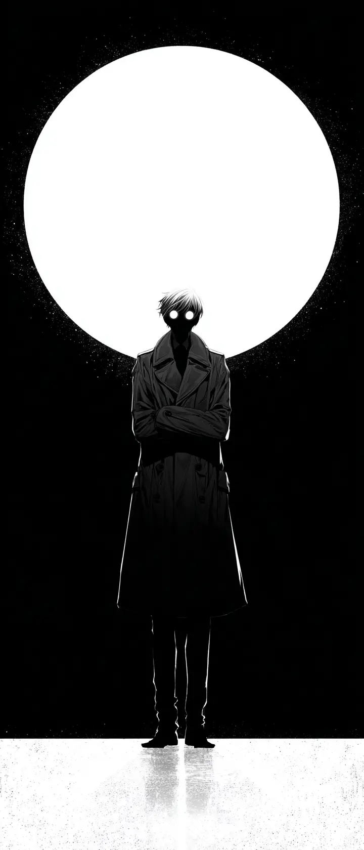 Anime silhouette woman with glowing eyes in empty white space
