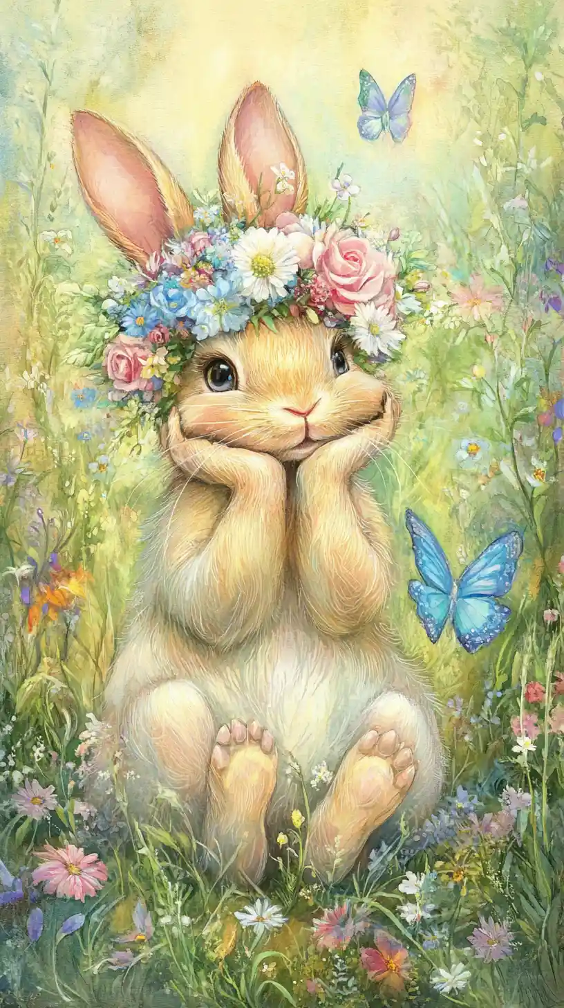 Dreamy rabbit with flower crown in a wildflower meadow