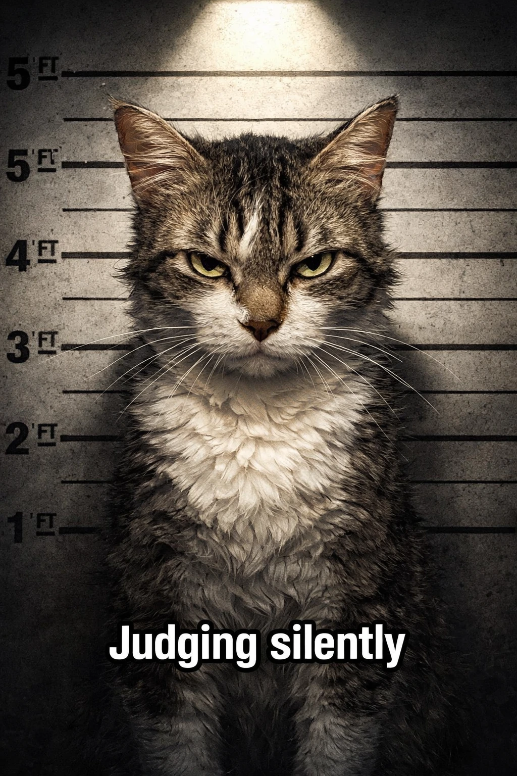 Mischievous cat mugshot with intense forward stare