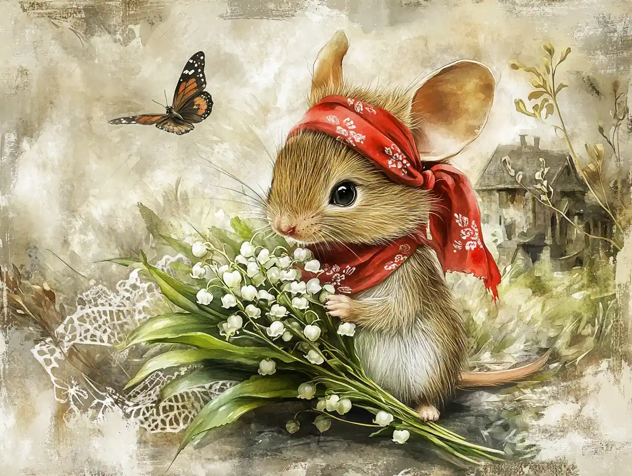 Cute mouse with spring flowers in watercolor illustration