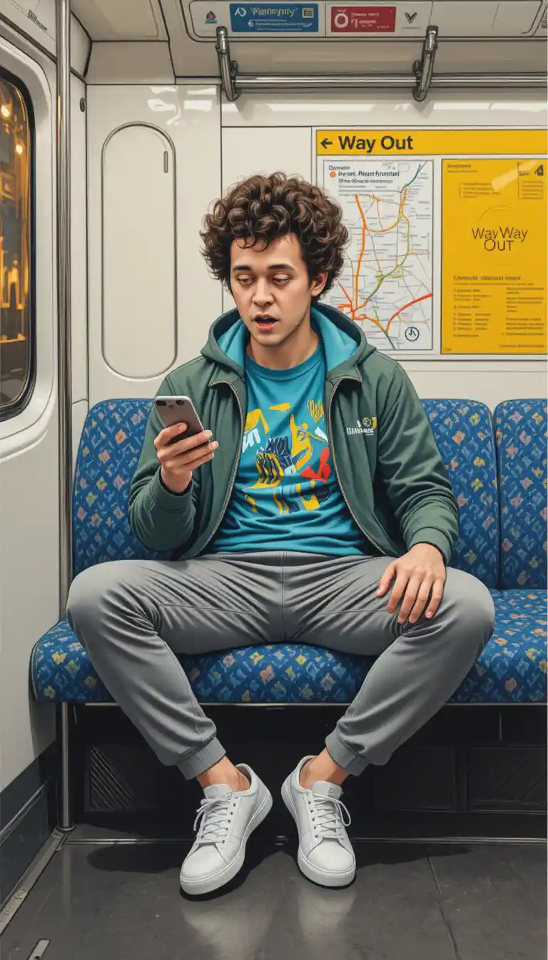 Young man on London Underground with smartphone