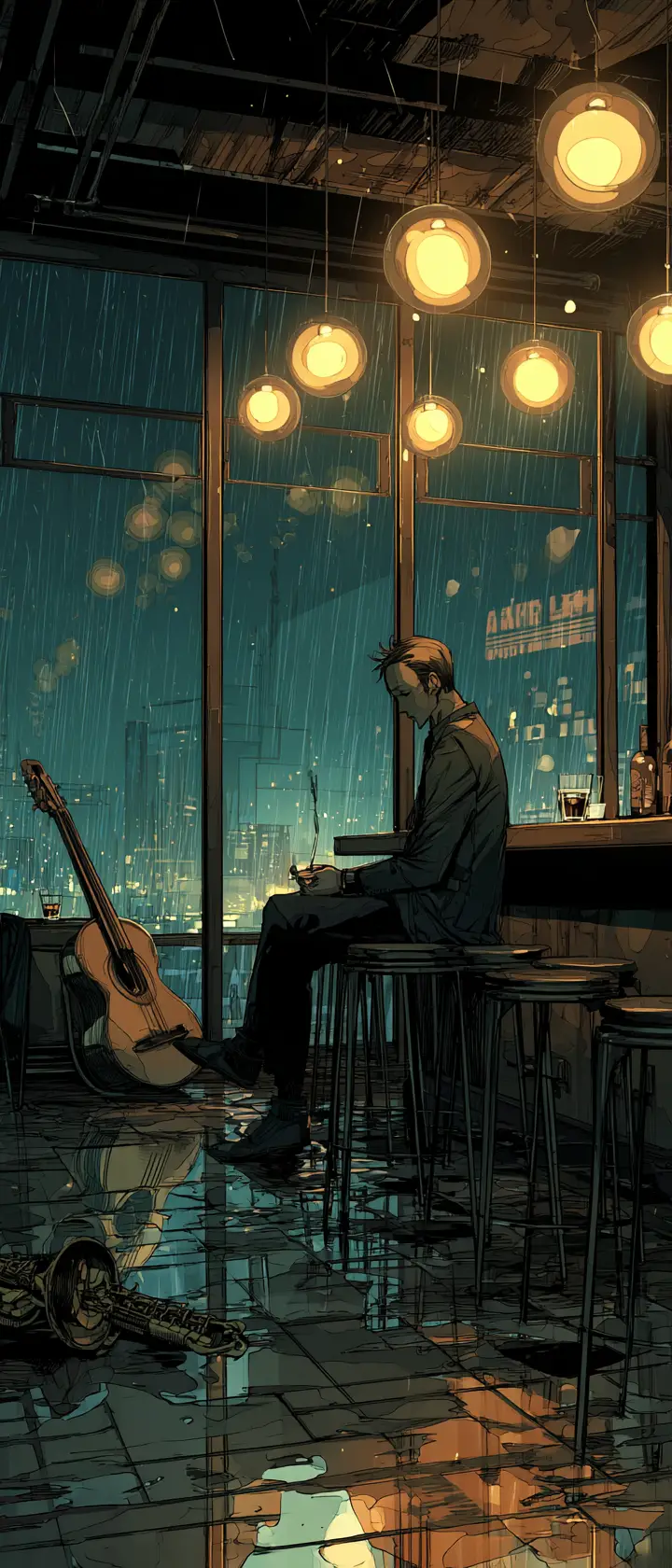 Anime investigator alone in an empty late night jazz bar