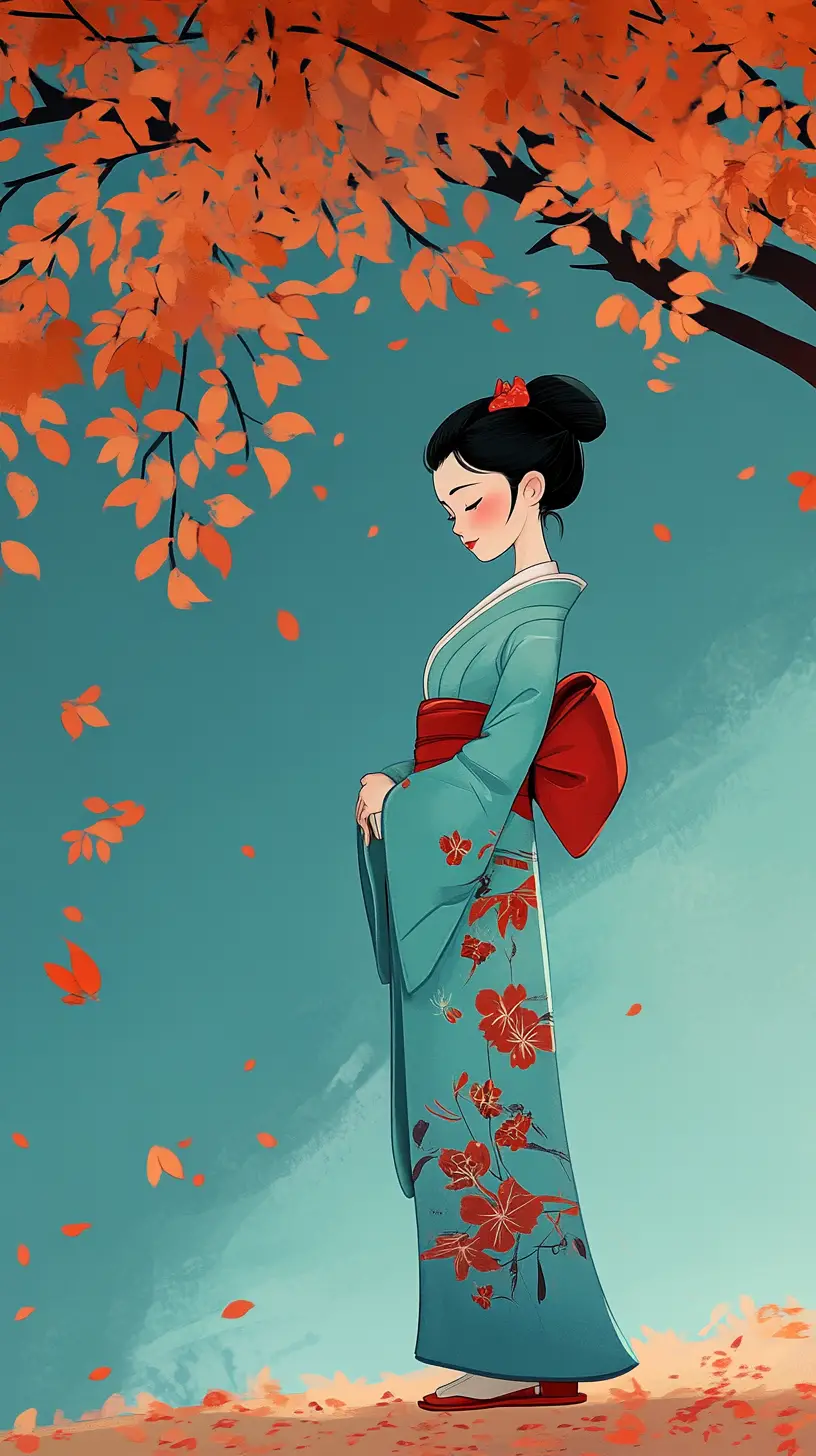 Japanese woman in teal kimono under autumn tree