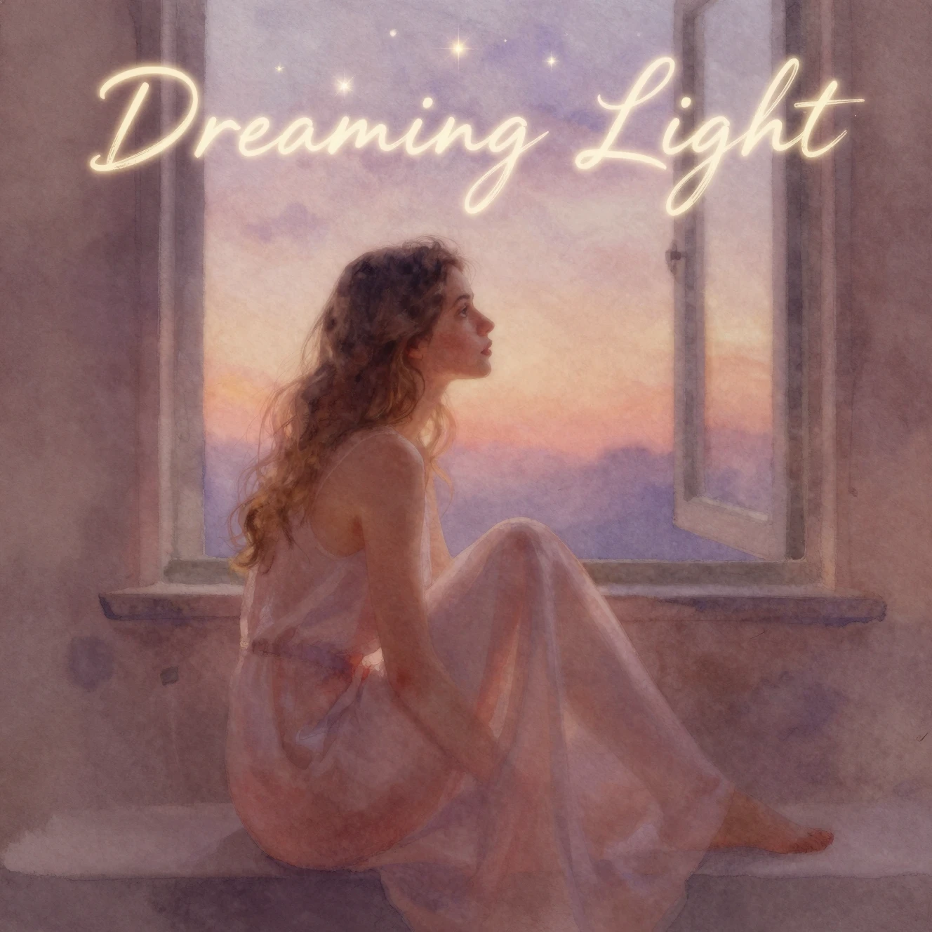 Giovane donna in acquerello che osserva il crepuscolo dalla finestra