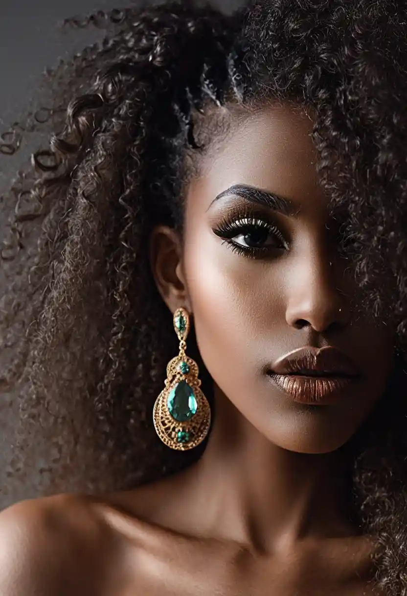 Retrato en blanco y negro de una mujer con dramático cabello afro
