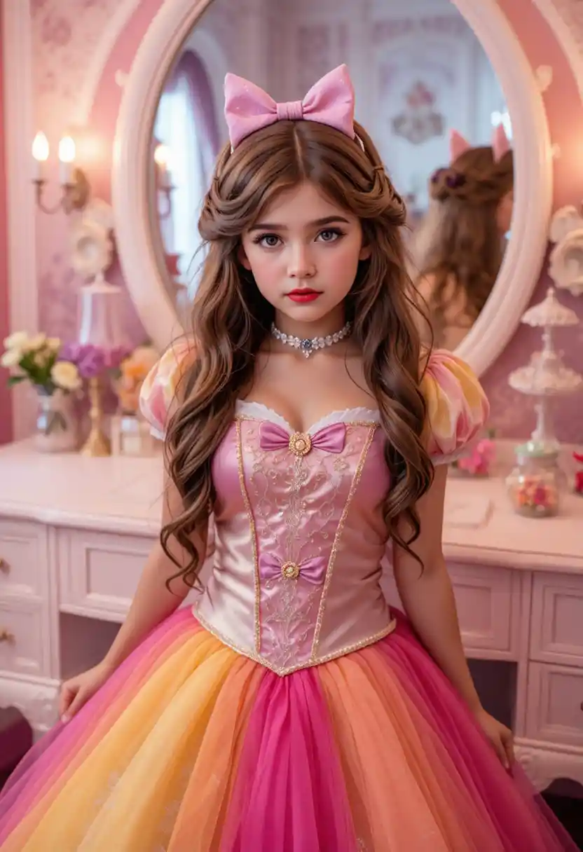 Junger Junge im Prinzessinnenkostüm an einem Disneyland-Schminktisch