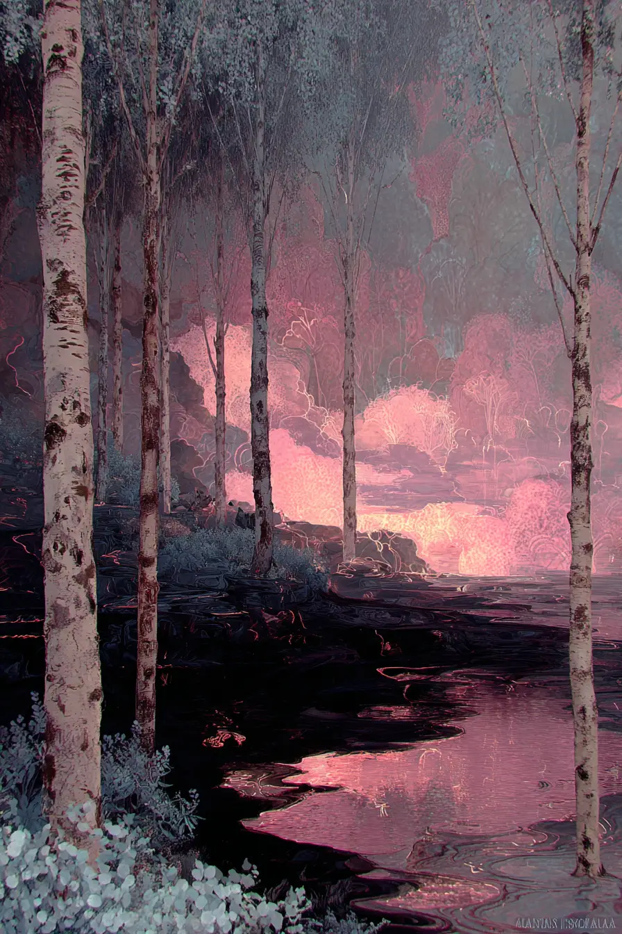 Surreal underground water flowing through birch forest dreamscape