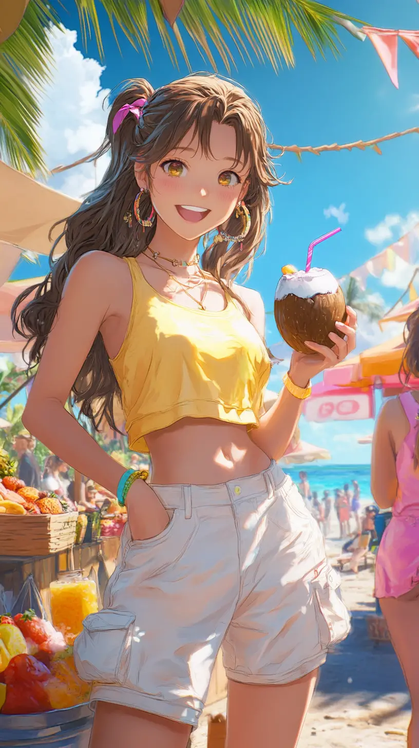 Anime Girl At Sunny Coastal Summer Street Market
