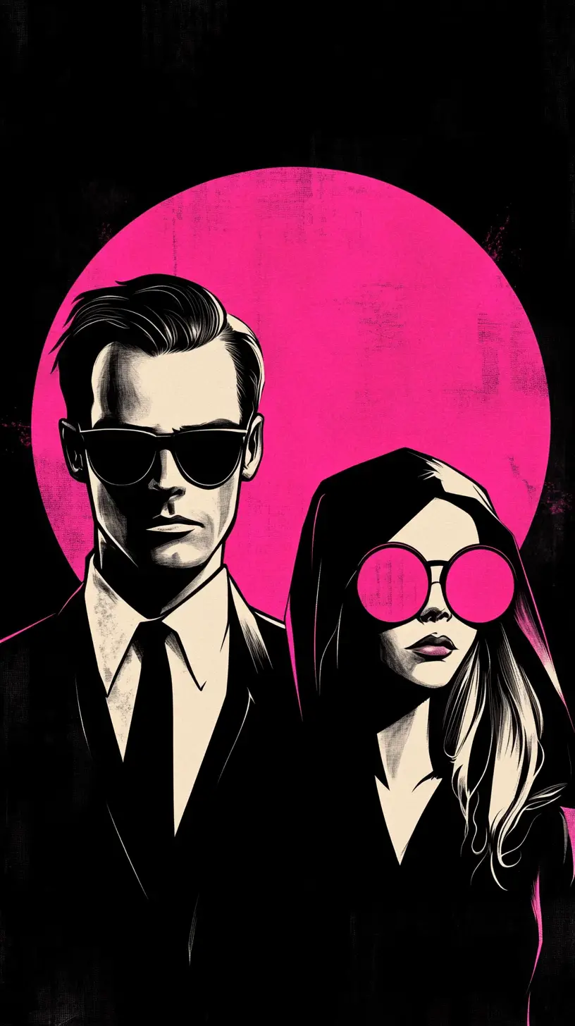 Noir silhouettes with neon magenta sun and bold contrast