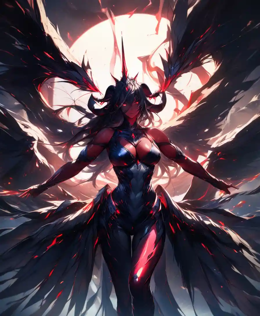 煙の中の深紅の翼を持つ悪魔の角の女