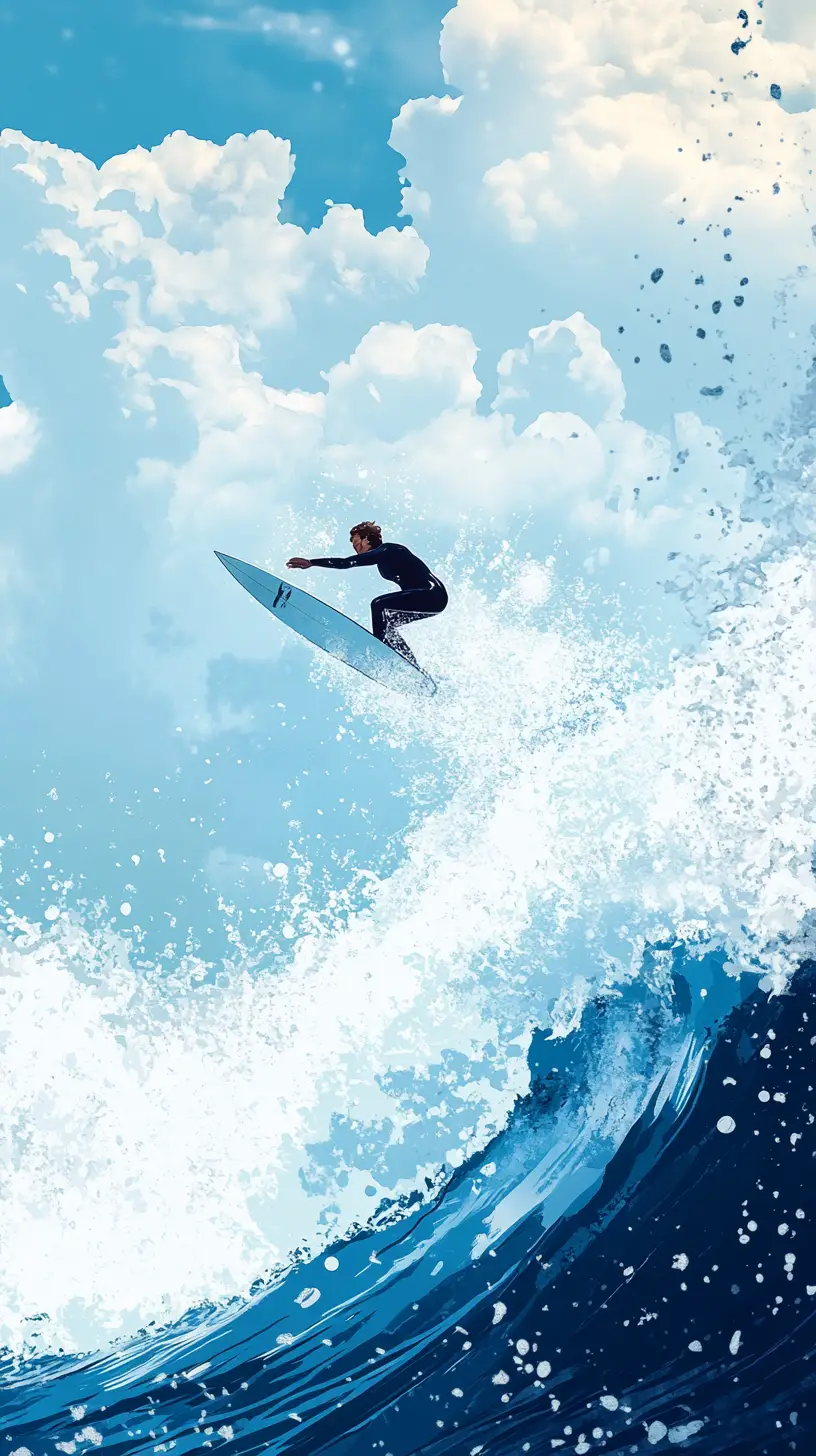 Surfer Riding A High Ocean Wave From A Low Angle