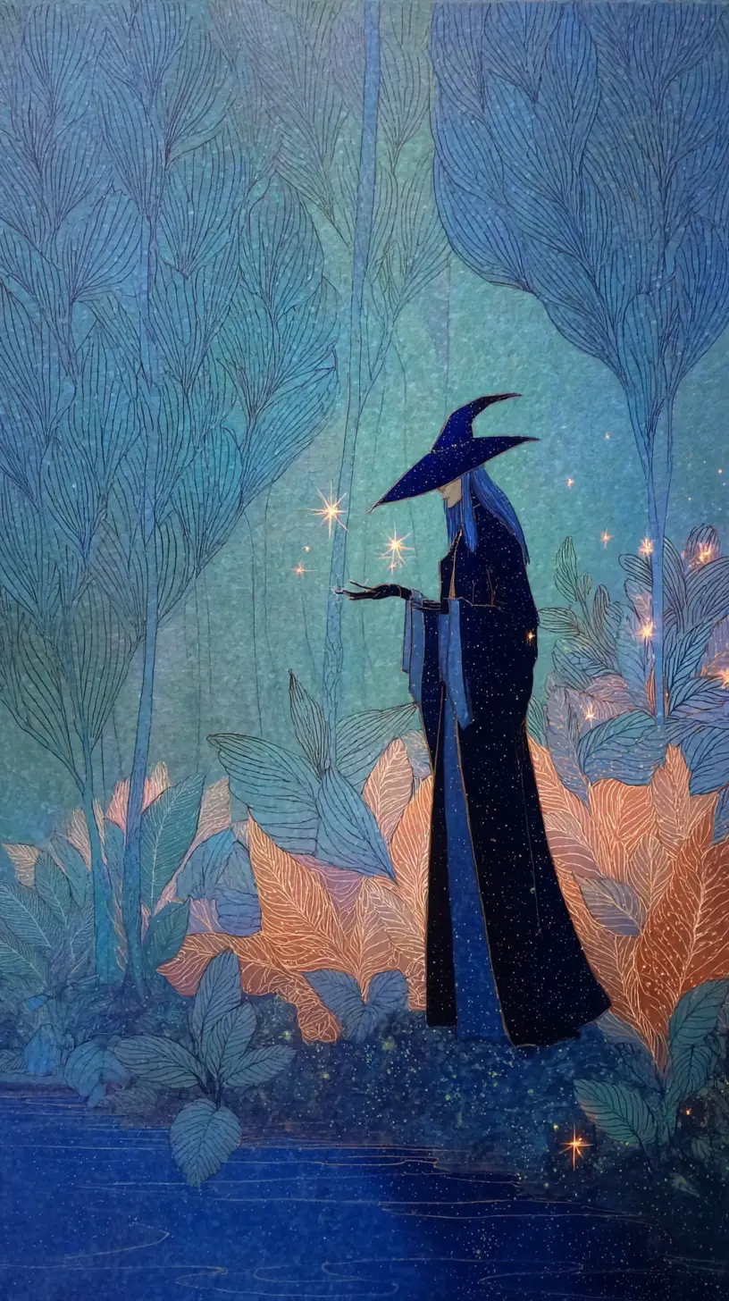 Strega che raccoglie stelle in un giardino luminoso sul fiume
