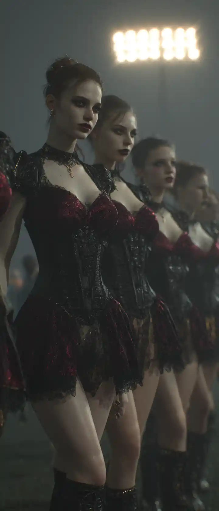 Gothic-Cheerleader-Team unter nebligen Flutlichtern im Nachtstadion