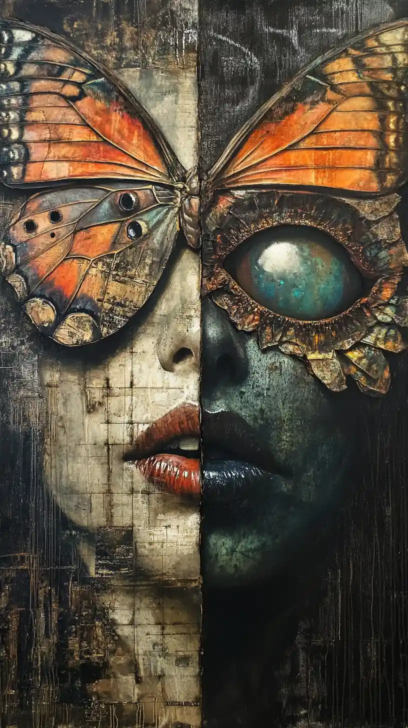 Creatura surreale in mixed media con grandi occhi di farfalla riflettenti