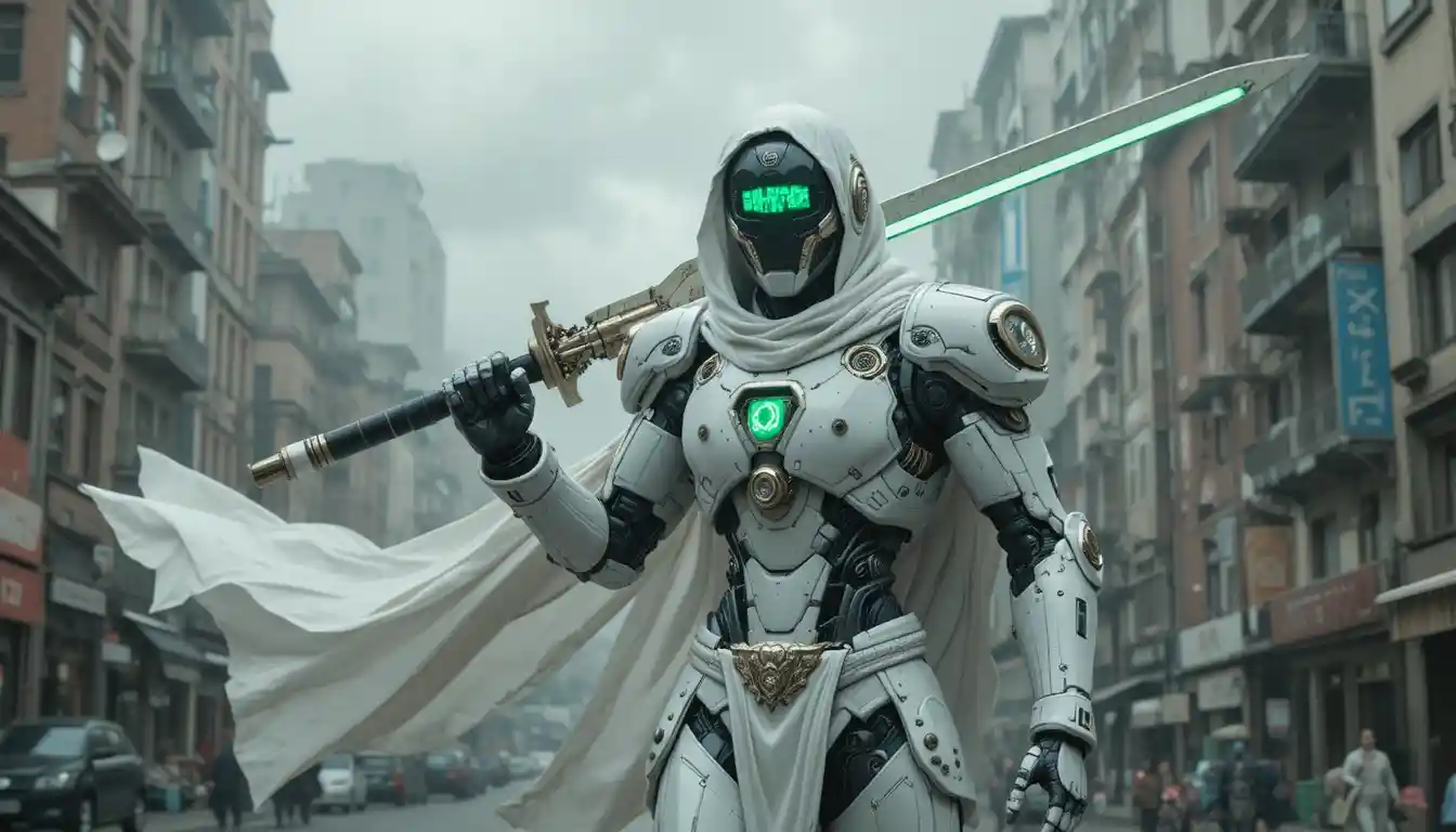 Guerreiro robô inspirado em templário com espada de laser brilhante
