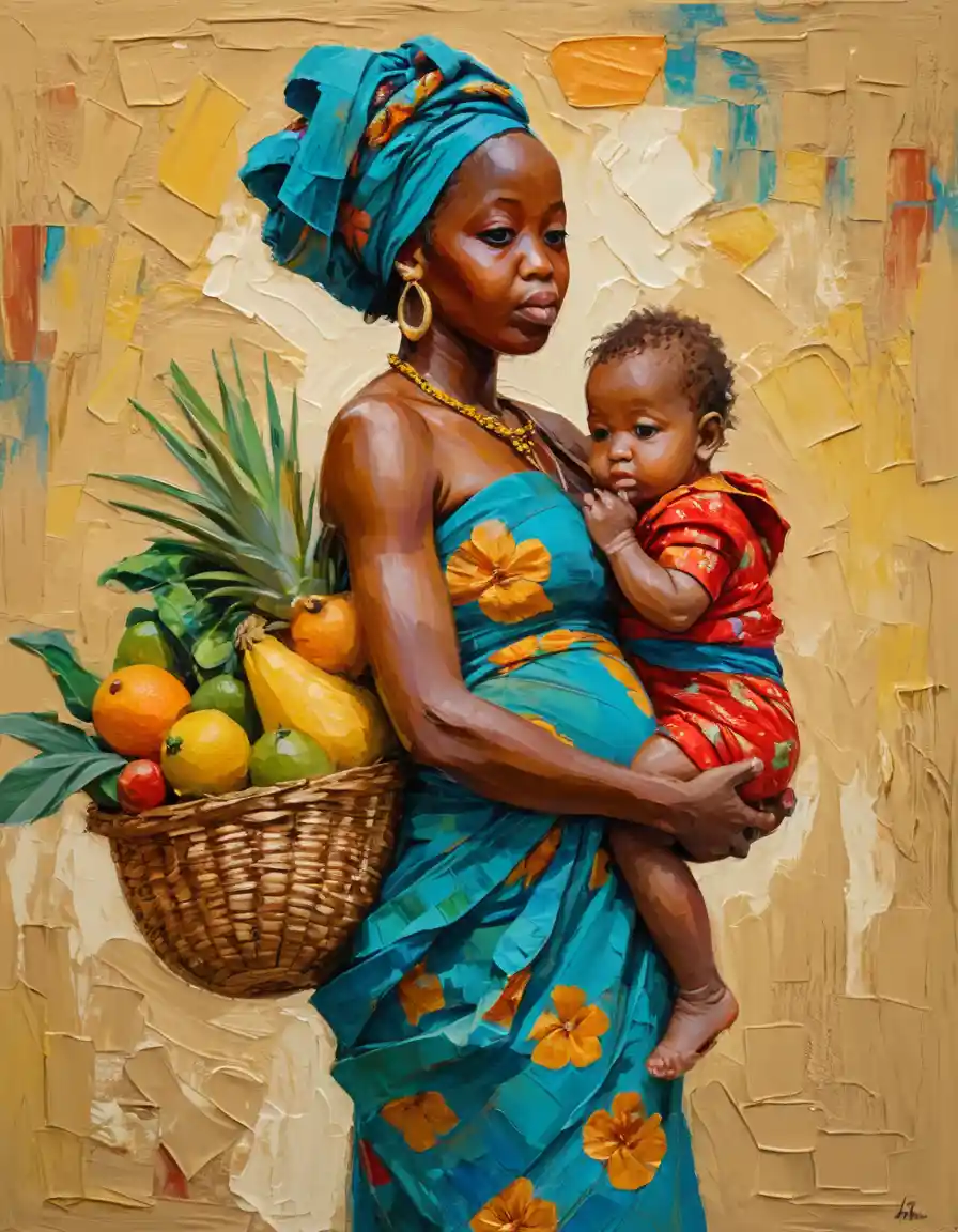 African mother carrying harvest and child in impasto painting