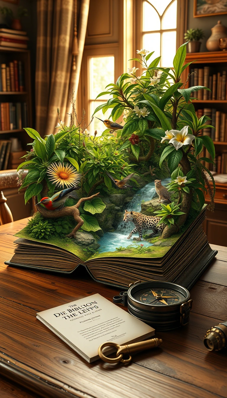 Libro antiguo que se abre hacia una exuberante selva tropical