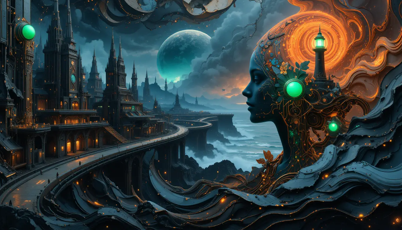 Cidade cibernética inspirada em Giger com estruturas metálicas gigantes