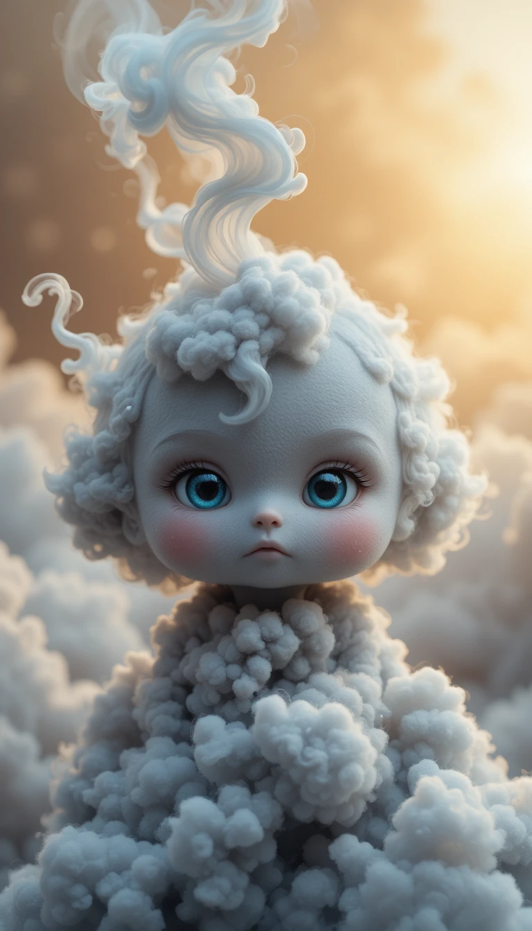 Cute smokey grey cloud character with baby blue eyes