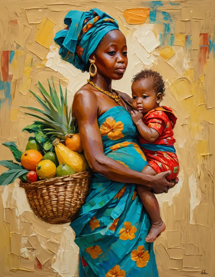 Mãe africana carregando colheita e criança em pintura impasto