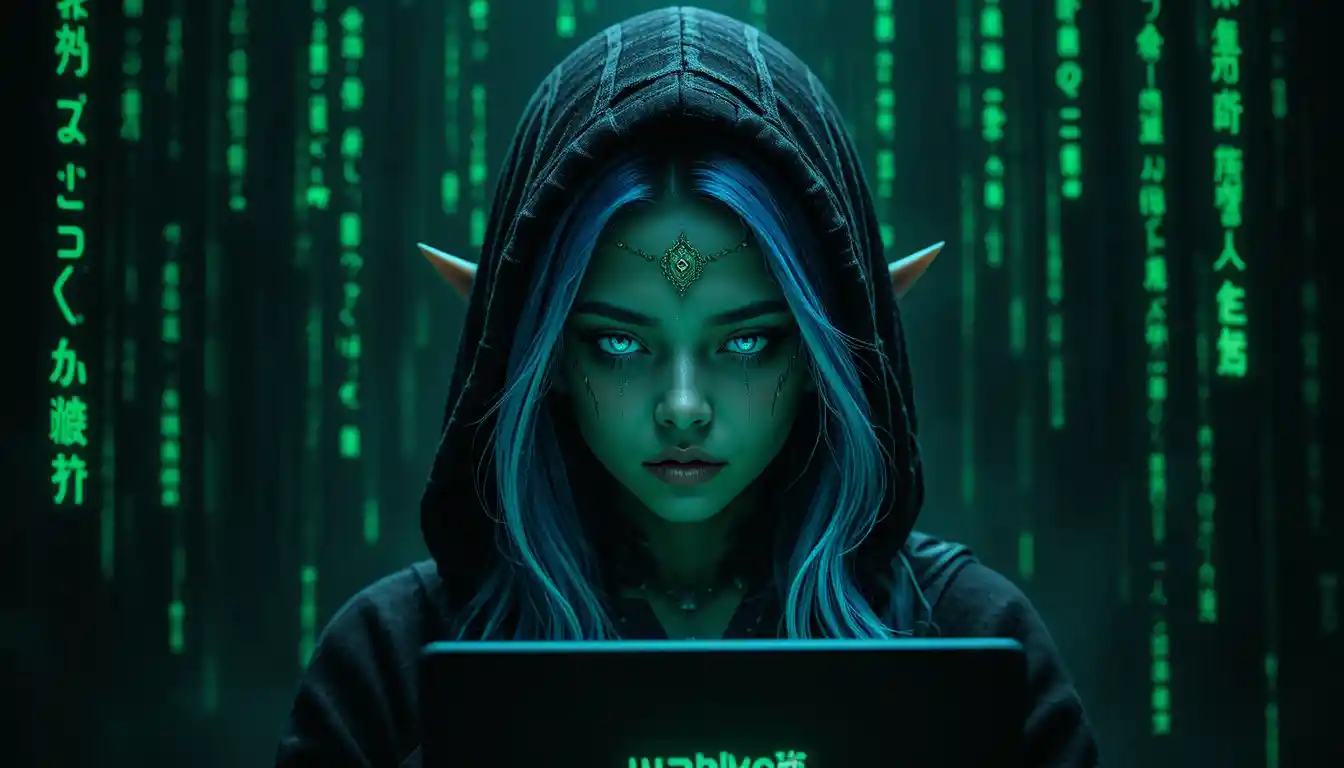 Hooded blue haired elf hacker with glowing robotic face