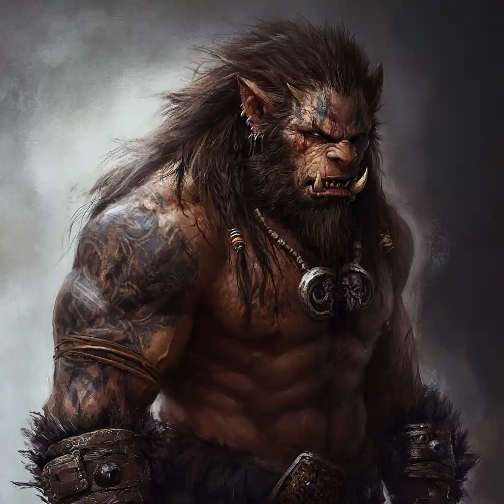 Dark fantasy barbarian with tattoos and beastly features