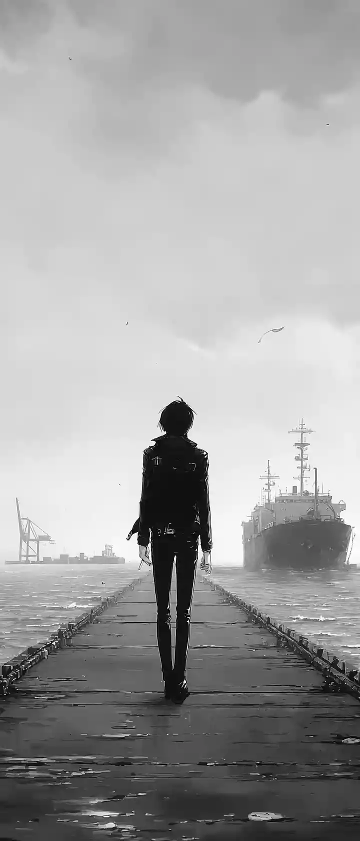 Anime silhouette man at foggy pier watching freighter depart