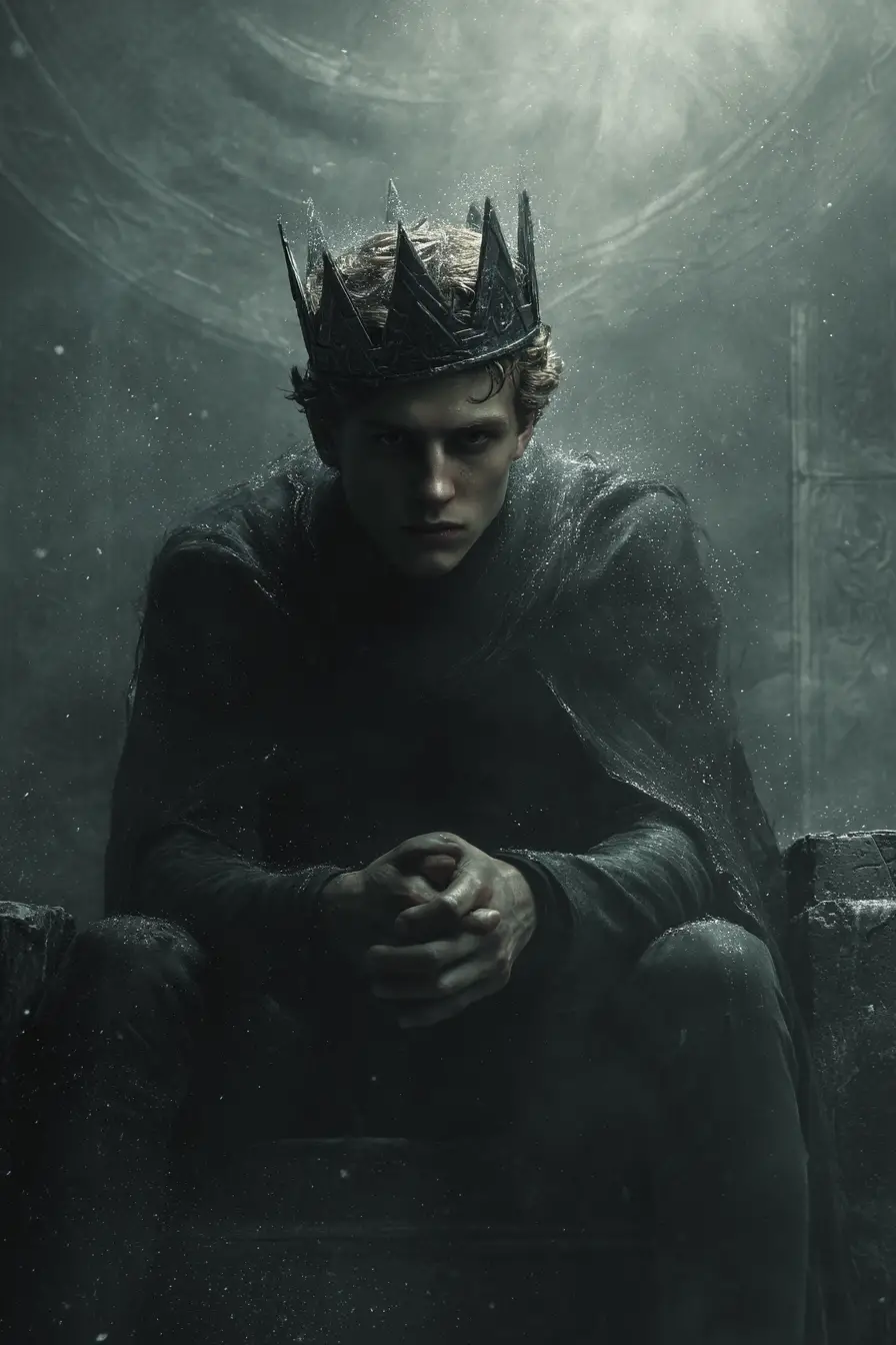 Solenene rei medieval em trono de obsidiana ao luar