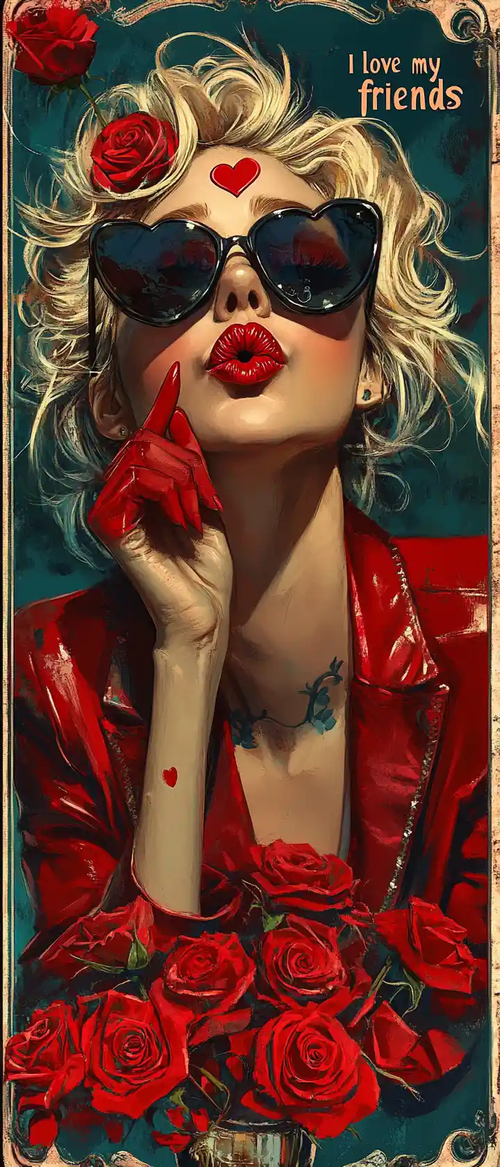 Glamorous blonde woman blowing a kiss with red roses