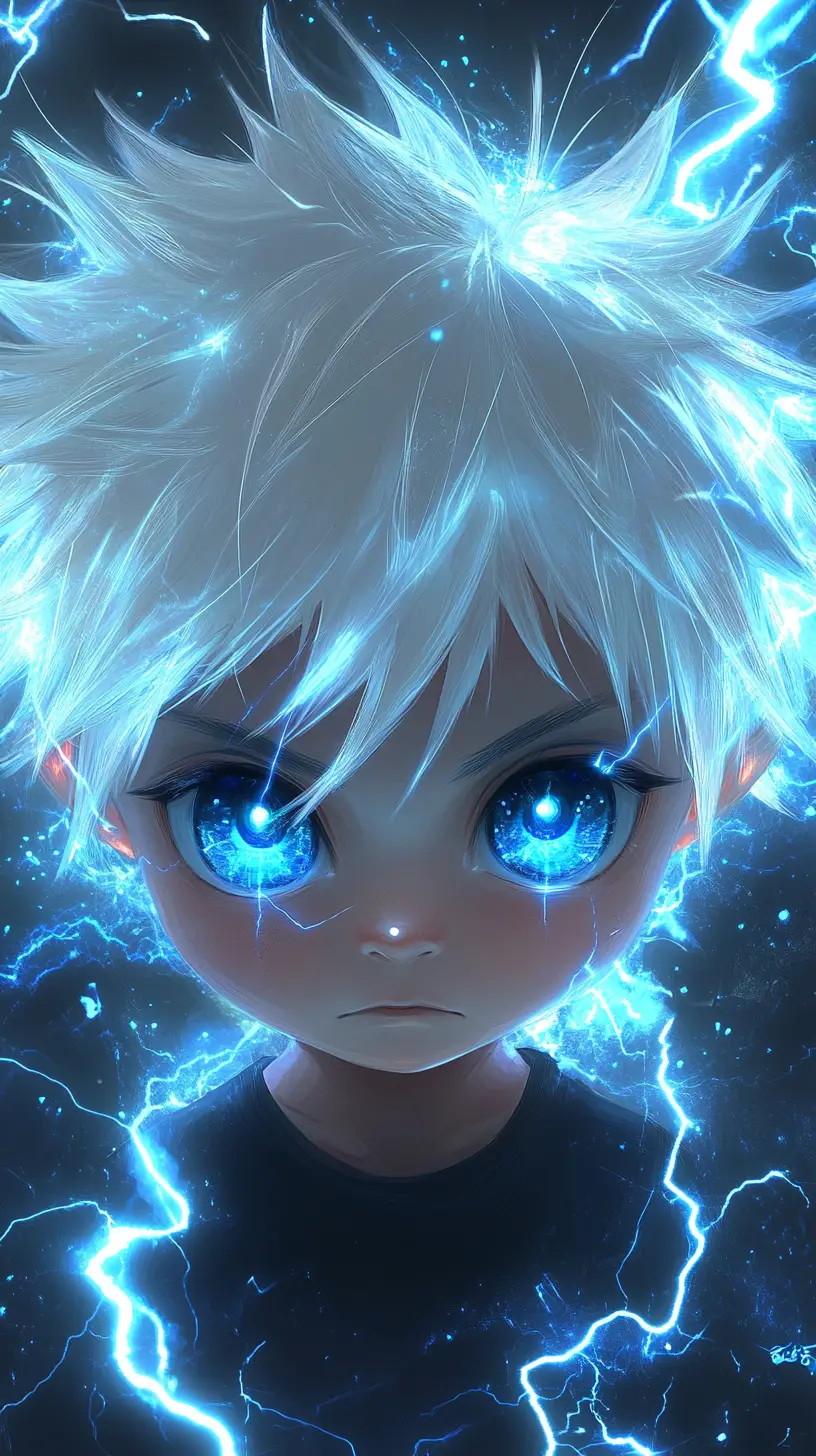 Chibi anime boy with glowing blue lightning eyes