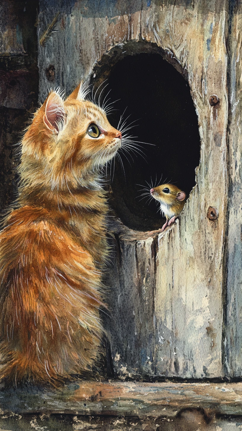 Aquarellkatze, die ein Mausloch in einer rustikalen Küche beobachtet