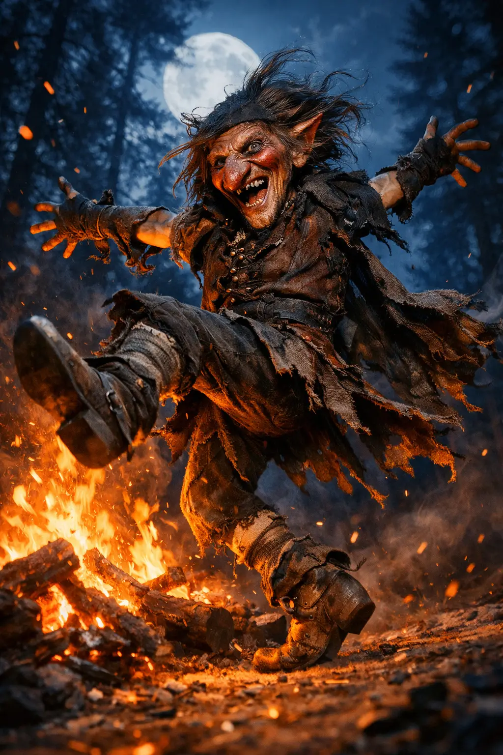 Rumpelstiltskin dansant autour d’un feu de camp dans une forêt au clair de lune