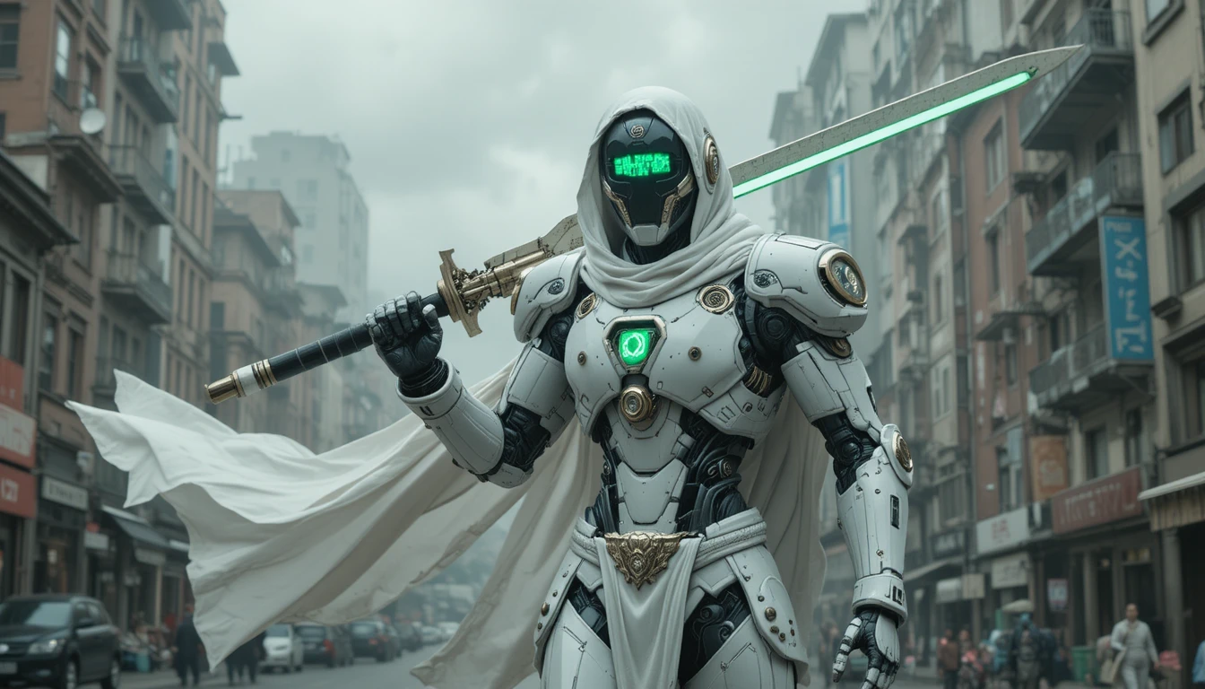 Templer-inspirierter Roboterkrieger mit leuchtendem Laserschwert