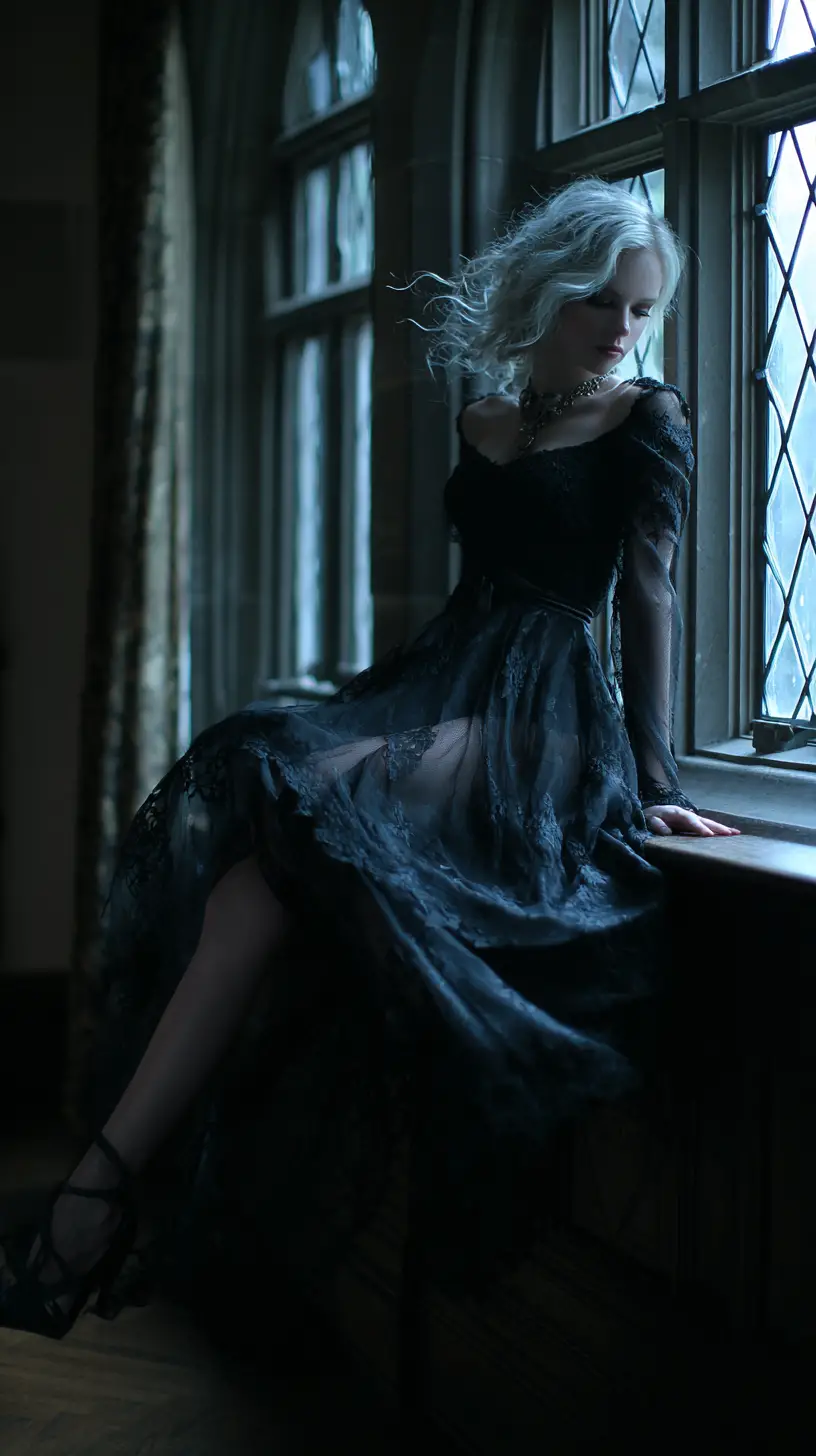Gothic princess climbing through a moonlit castle window