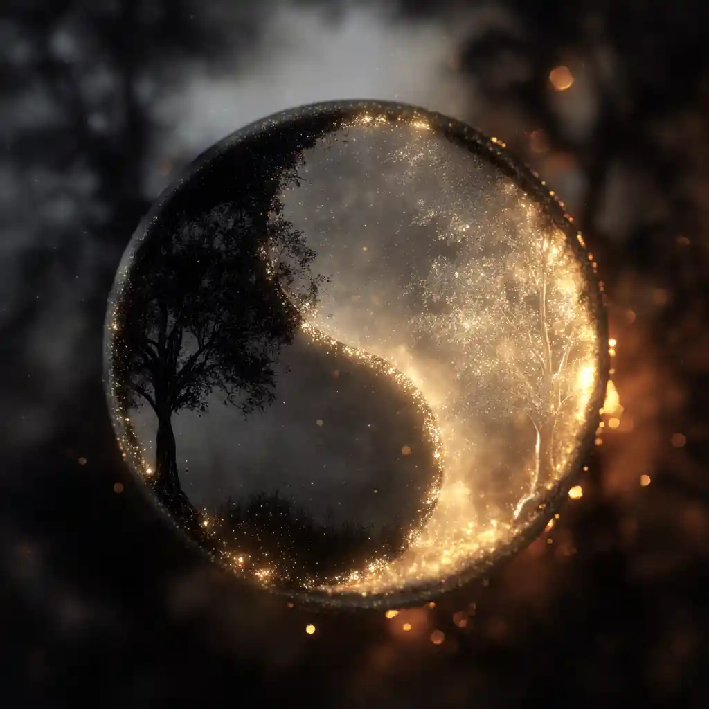 Yin yang symbol formed by two glowing black and white trees