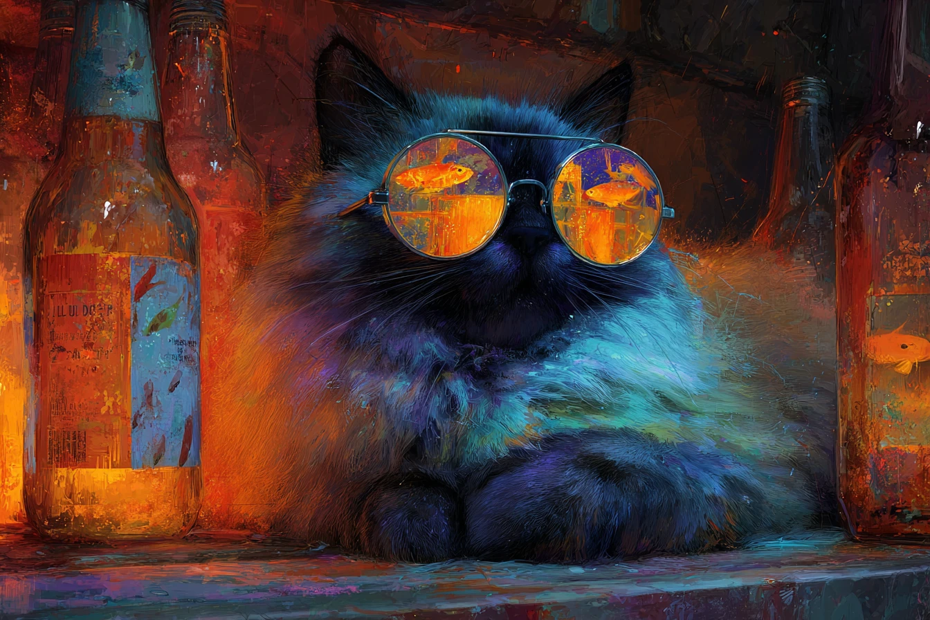 Gato ciberpunk azul com óculos de sol espelhados e brilho neon