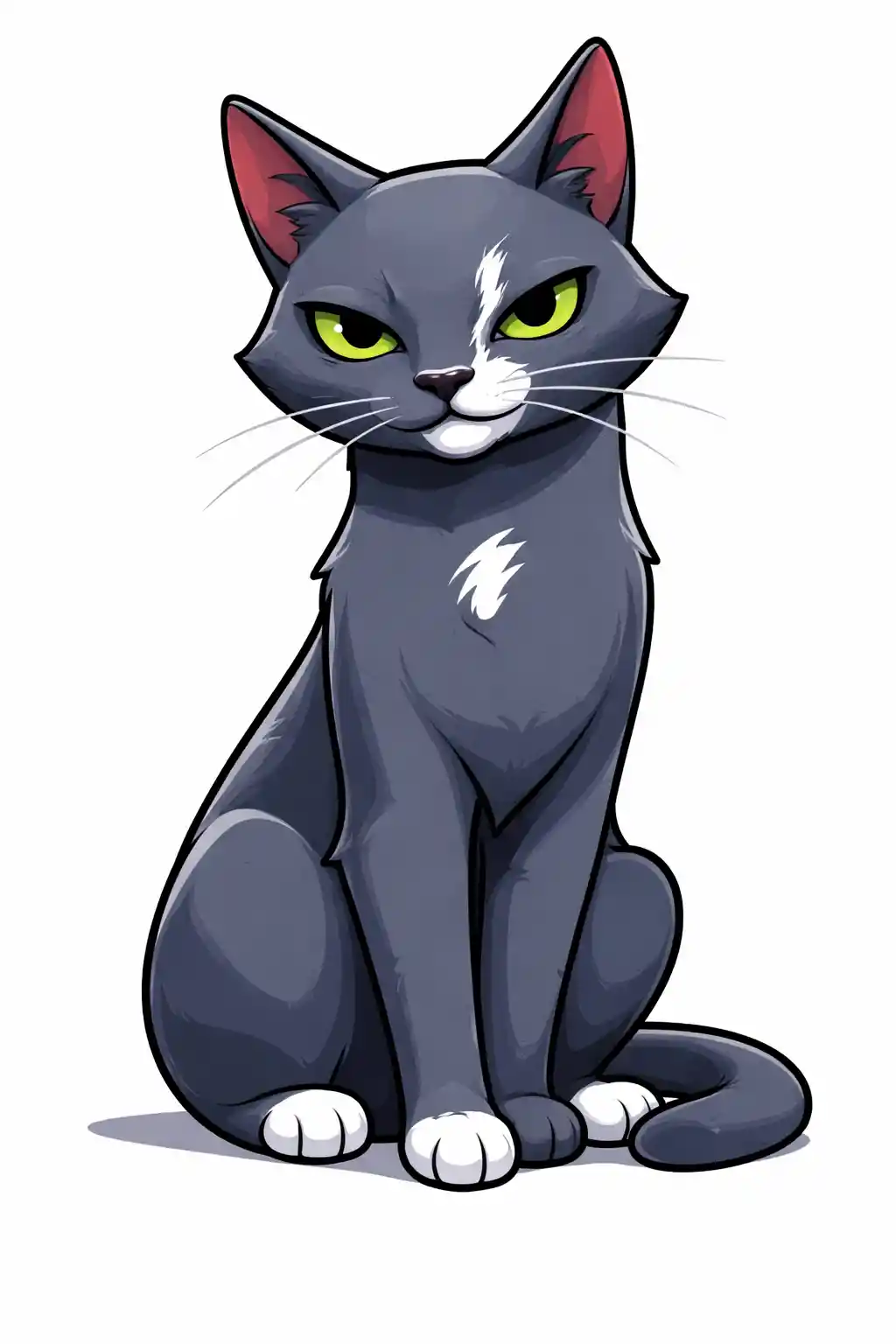 Russian Blue cartoon cat with mischievous expressive eyes