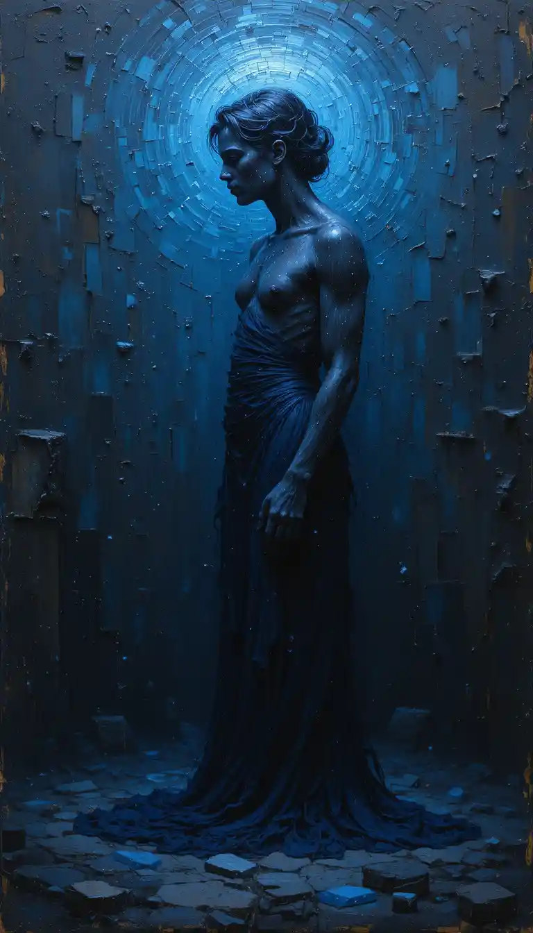 Abstract human figure in deep introspective blue aura