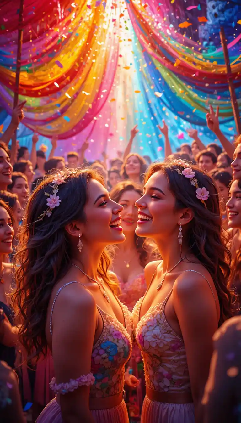 Joyful lesbian wedding celebration in colorful digital art