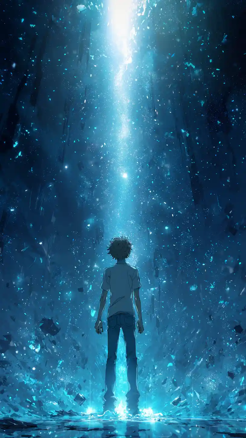 Young man in glowing blue light with floating particles