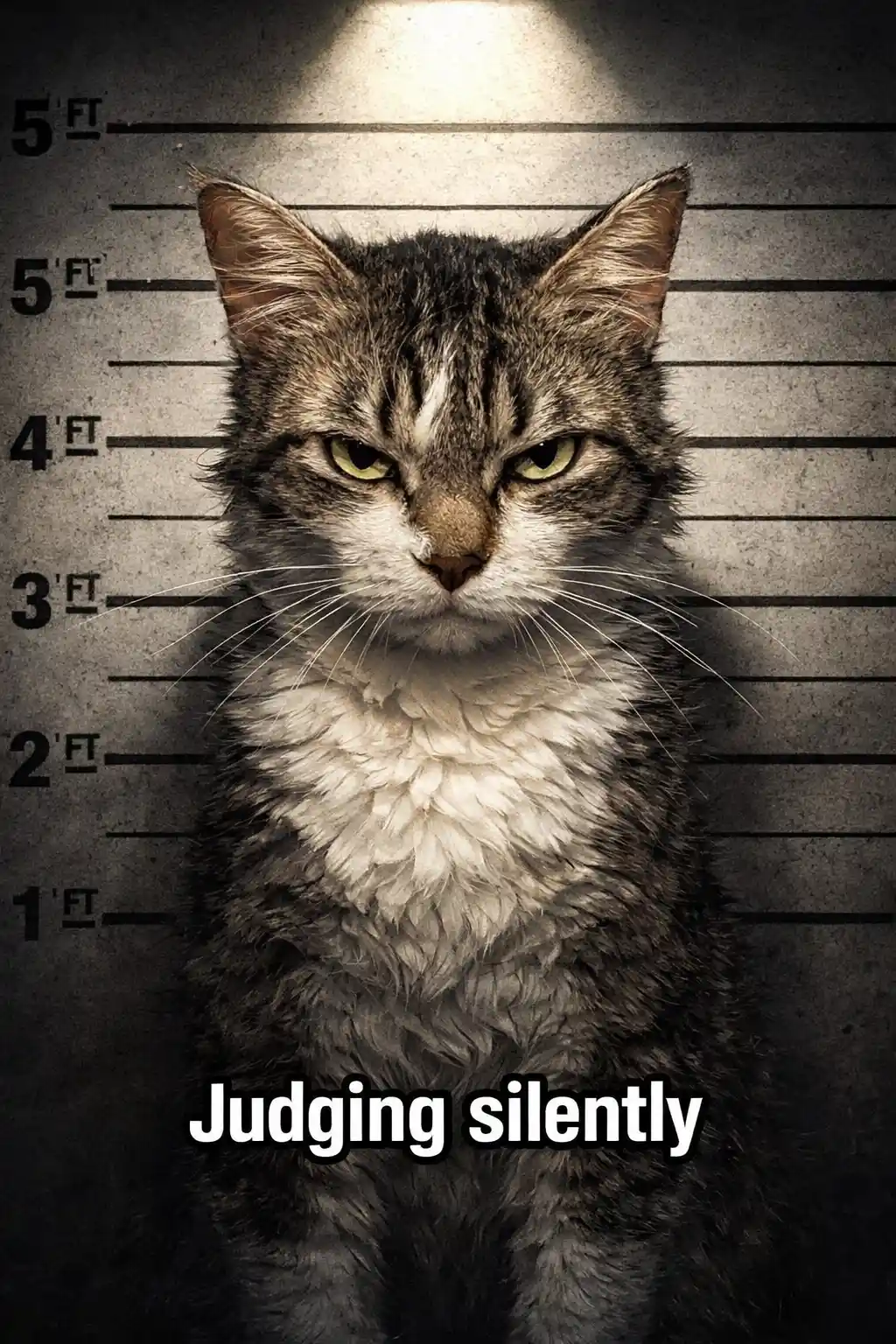 Mischievous cat mugshot with intense forward stare