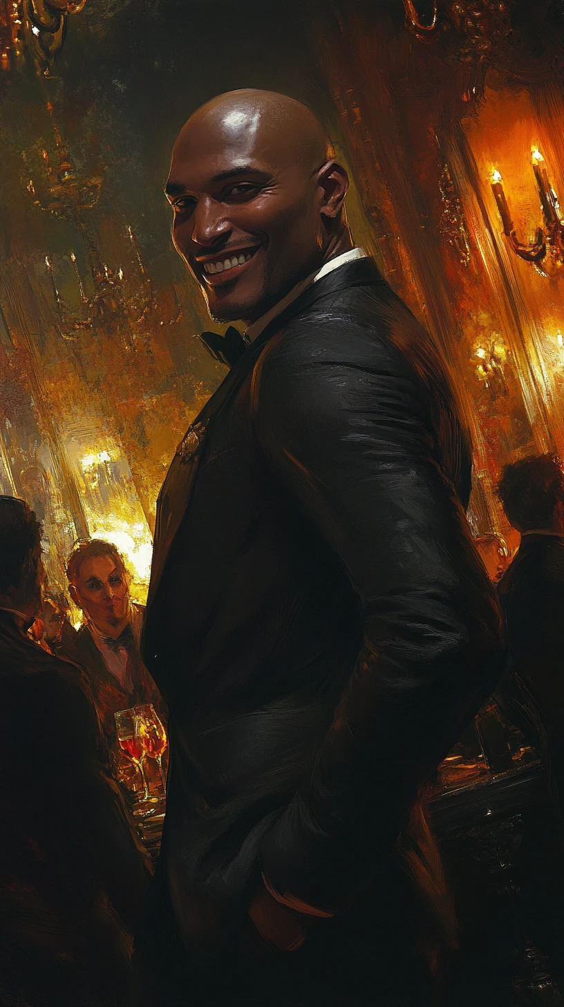 Confident bald man laughing in a black suit at gossip