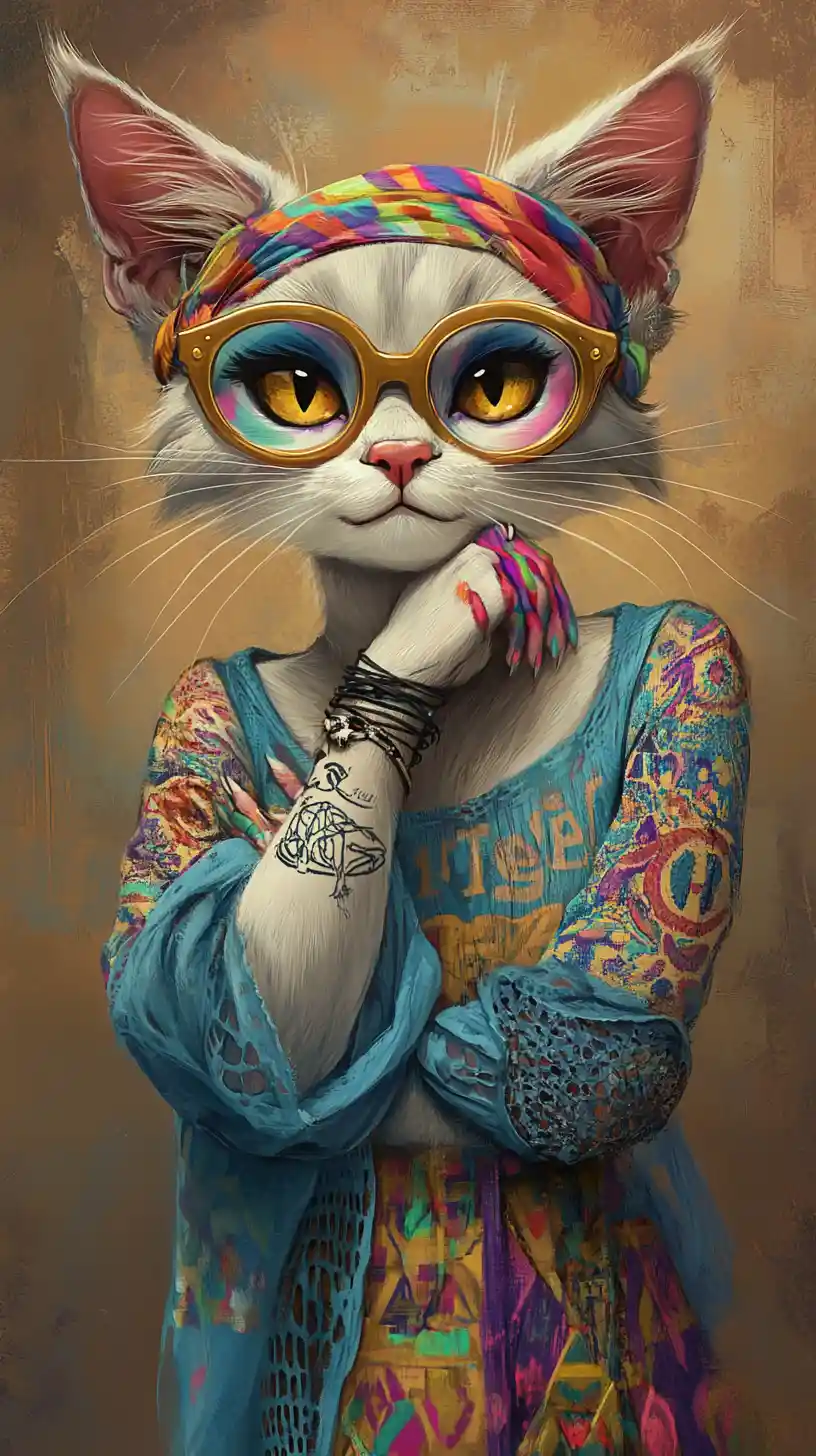 Modische anthropomorphe Katze mit Brille und Tattoos