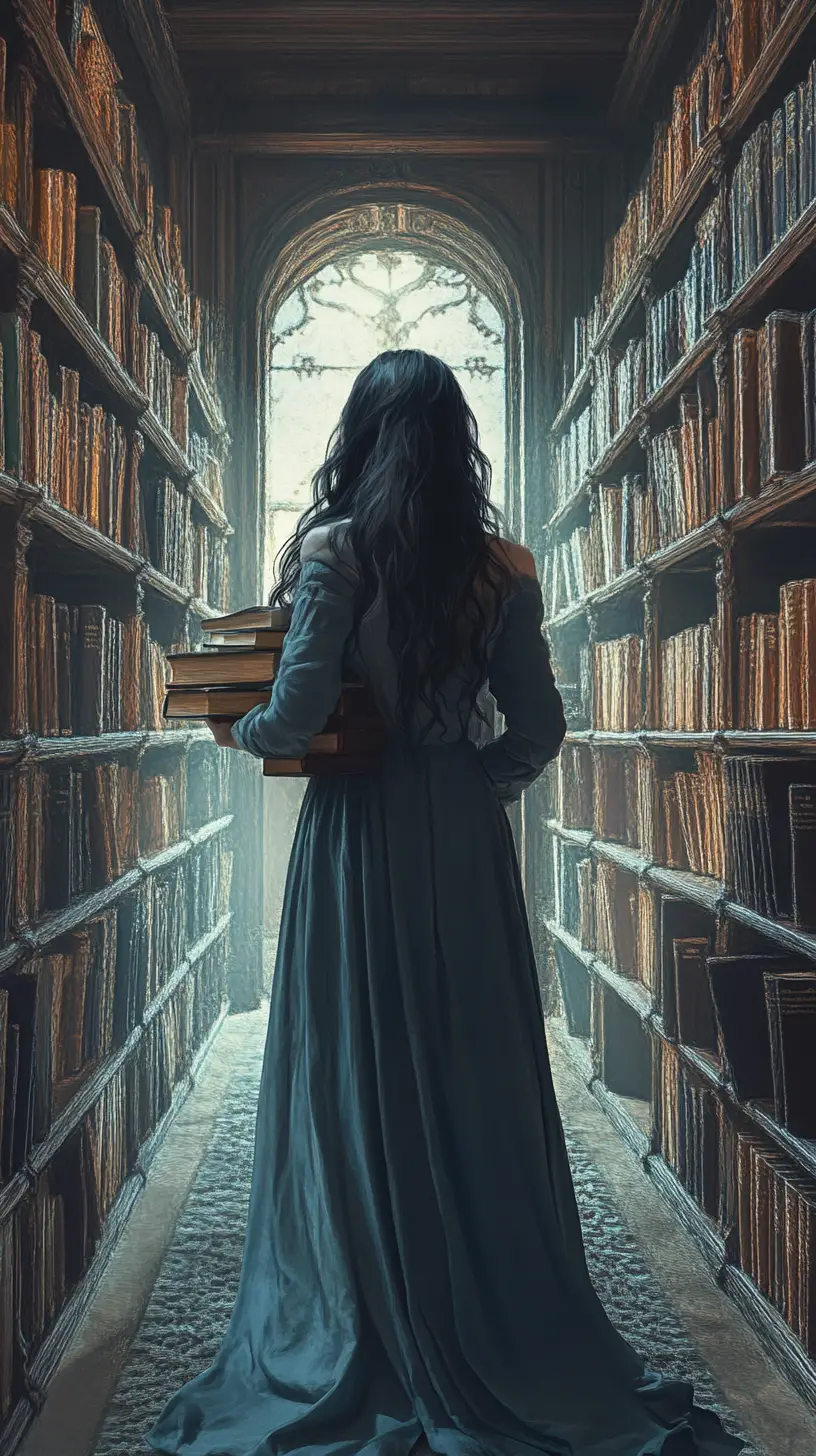 Joven mujer etérea caminando por un pasillo de biblioteca imponente