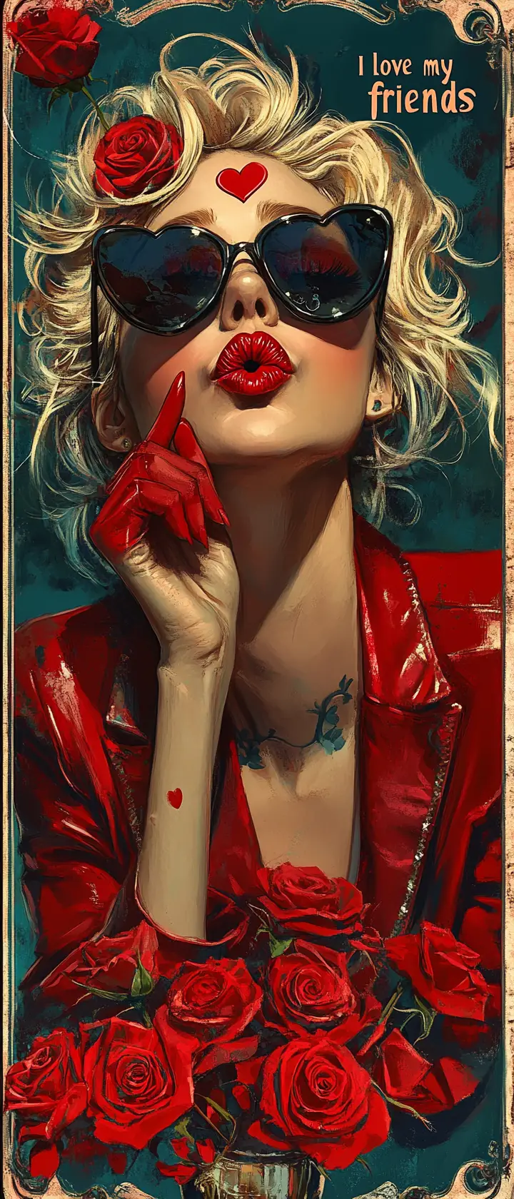 Glamorous blonde woman blowing a kiss with red roses