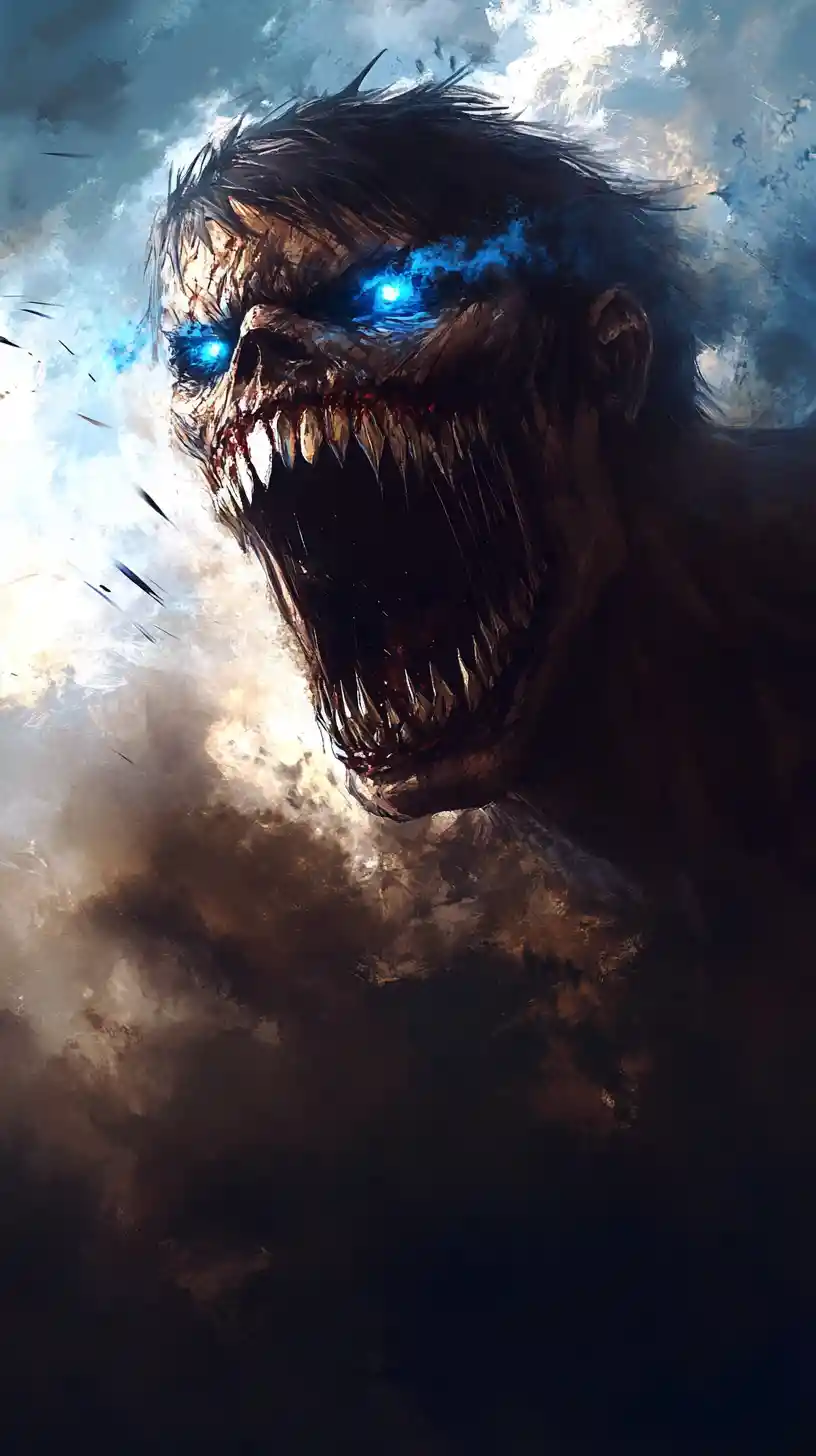Roaring giant humanoid titan with glowing blue eyes