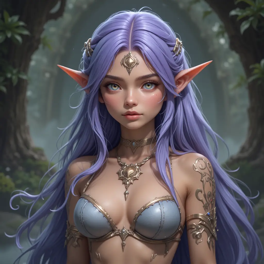 Young mermaid princess with violet hair and amber eyes