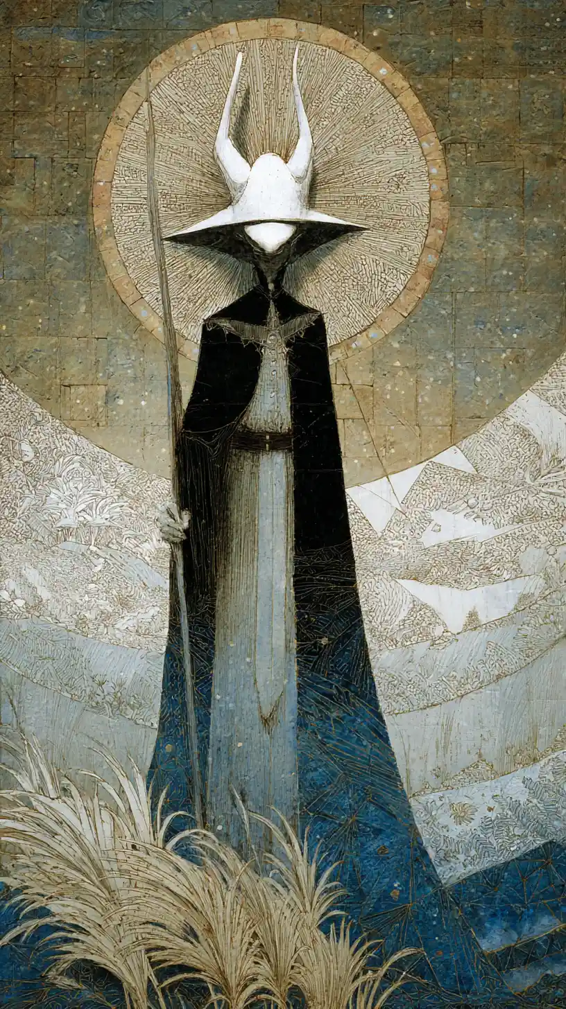 Deidad mítica que emerge en un reino de fantasía surrealista